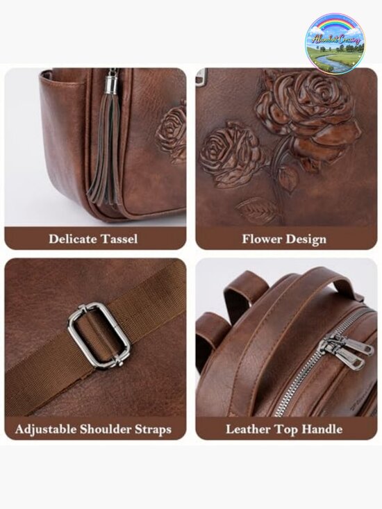 Embossed Faux Leather Mini Backpack Purse with Floral Design, Water Resistant